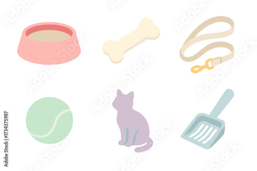 Essential pet care items and accessories for cats and dogs including food bowl, bone, leash, tennis ball, cat silhouette, and litter scoop