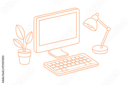 Isometric home office workspace with computer monitor, keyboard, desk lamp, and potted plant on a clean white background