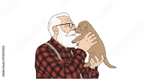 Elderly man in plaid shirt holding and kissing a puppy, image diversity concept  