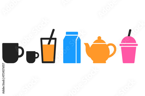 Collection of diverse beverage icons including coffee cups, juice glass, milk carton, teapot, and smoothie cup