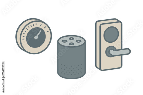 Smart home technology devices including a thermostat, voice assistant speaker, and a smart door lock