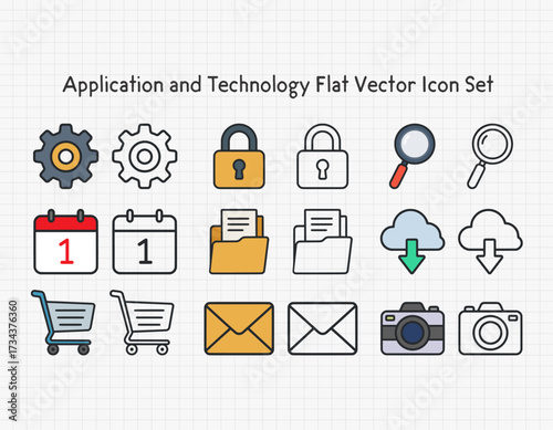 A flat vector set of application and technology icons including gear, lock, magnifier, calendar, folder, cloud download, shopping cart, envelope, and camera for digital, web, and mobile projects.