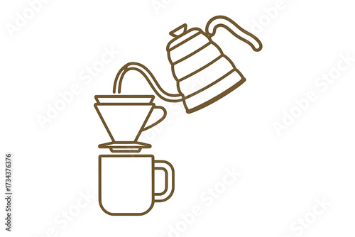 Artistic representation of pour over coffee brewing process with gooseneck kettle and dripper into mug