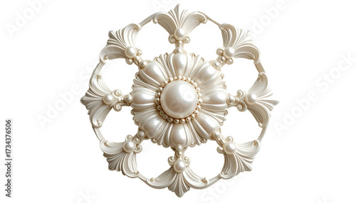 Intricate, pearl-like floral medallion. Detailed symmetrical design on black