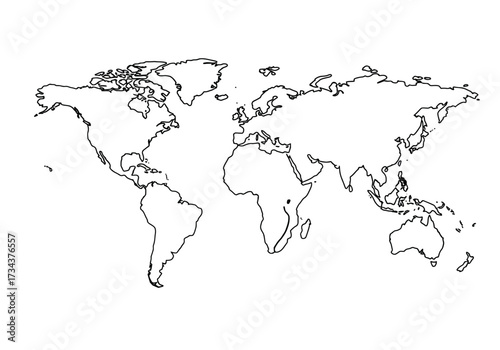 A monochrome world map outlining the continents  islands
