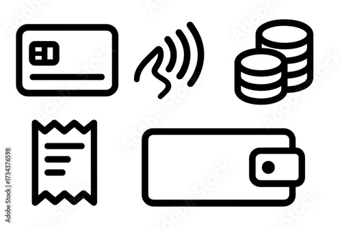 Modern payment and financial transaction icons featuring credit card, contactless, coins, receipt, and wallet