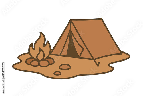 Classic camping tent with a crackling bonfire on the ground, depicting outdoor adventure and wilderness exploration