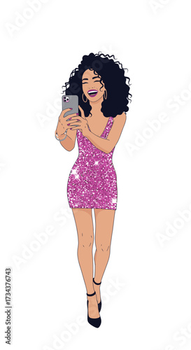 Young black woman smiling while taking selfie in sparkling dress, image diversity concept  