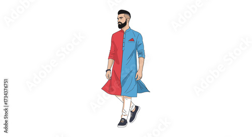 Stylish man wearing a blue and red traditional outfit while walking, image diversity concept  