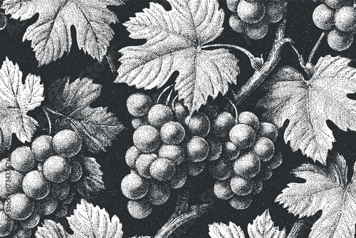 A detailed black and white illustration of grapes and leaves showcasing natural textures..