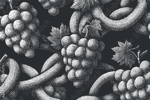 A detailed black and white illustration of grapes intertwined with vines showcasing intricate patterns..