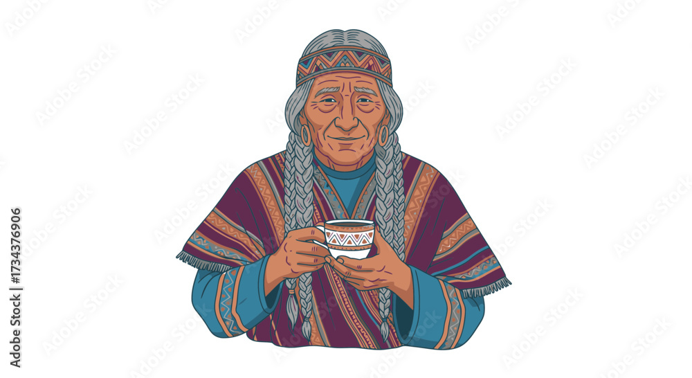 Obraz premium Elderly Indigenous woman holding a cup and wearing traditional clothing, image diversity concept 