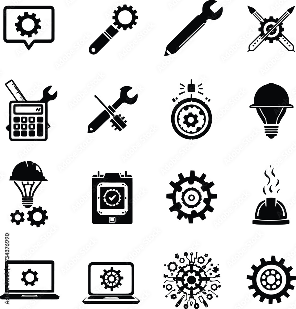 Fototapeta premium Engineering mechanical tools and equipment vector icons set for design and creative projects use