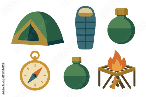 Camping and outdoor adventure equipment set with tent, sleeping bag, compass, canteens, and a warm campfire