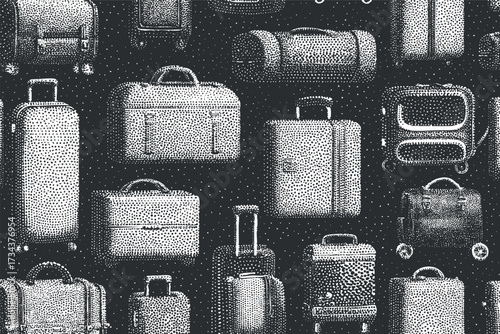 A stylish collection of various luggage and suitcases in a black and white dotted design..