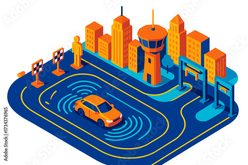 Autonomous vehicle technology in a modern urban environment with connected infrastructure and digital signals