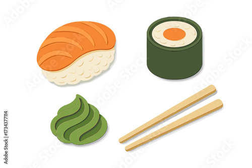 Japanese sushi set with nigiri, maki roll, fresh wasabi, and wooden chopsticks in paper cut style
