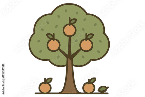 Simple graphic depiction of a vibrant orange tree with ripe fruit hanging from branches and fallen oranges on the ground