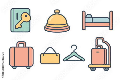Hotel and travel service icons featuring key, reception bell, bed, luggage, door hanger, and clothes hanger