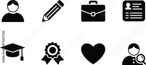 Set of profile and personal data icons, change profile, edit profile, work portfolio, education visitor, skills achievements