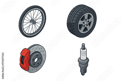 Isometric collection of essential automotive and bicycle components: wheel, tire, brake disc, and spark plug