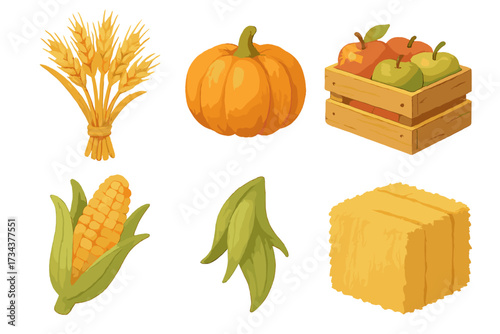Vibrant autumn harvest farm produce collection featuring pumpkin, fresh apples, corn, wheat, and hay bale