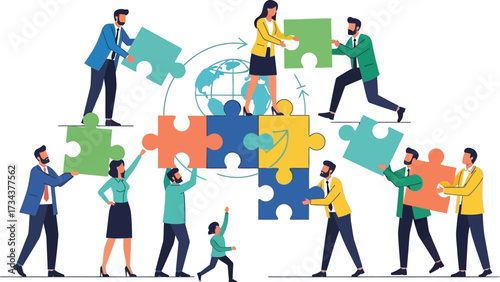 Global team collaboration building puzzle for business success