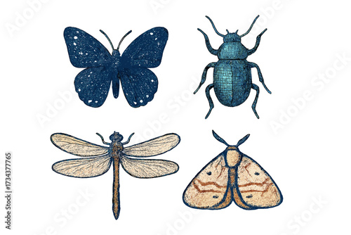 Detailed collection of various flying and crawling insects including butterfly, beetle, dragonfly, and moth with textured appearance