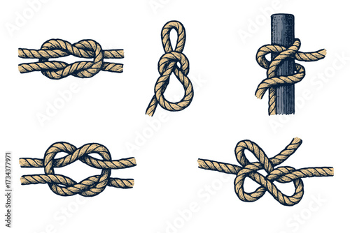 Essential nautical rope knots and ties for sailing, boating, and outdoor activities in a vintage style
