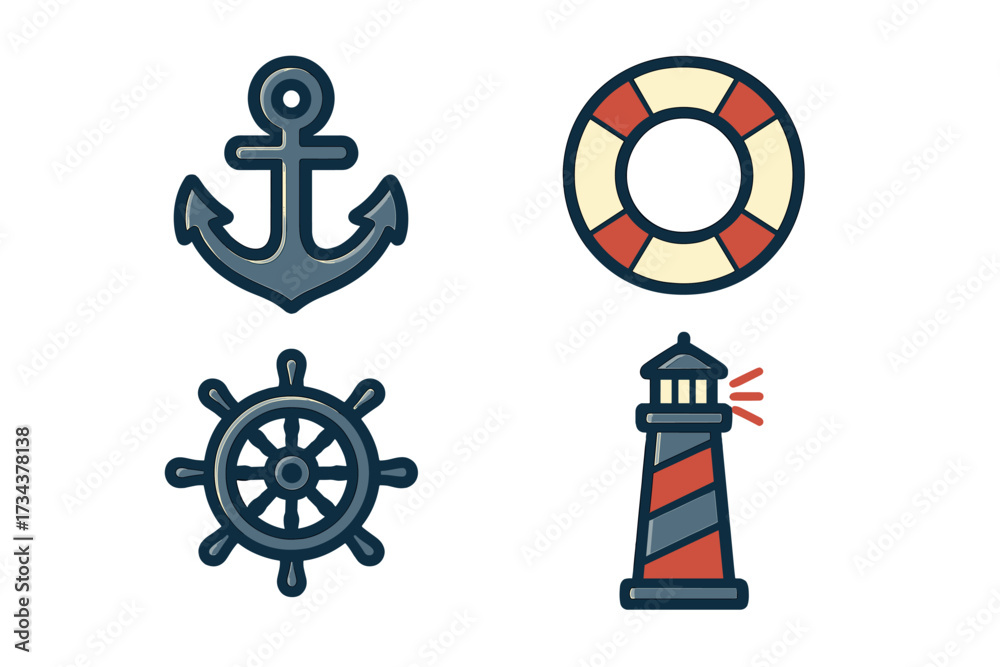 Obraz premium Nautical marine symbols set: anchor, lifebuoy, ship wheel, lighthouse for ocean travel and sea adventures