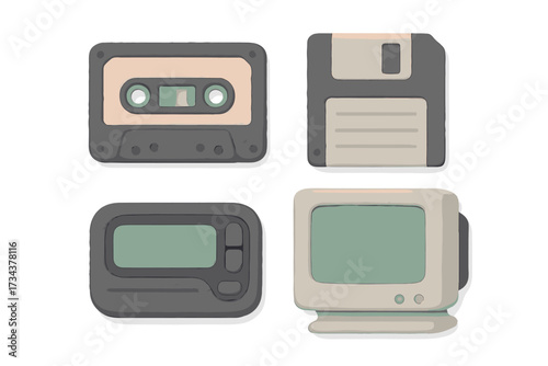 Collection of vintage technology devices including an audio cassette, floppy disk, pager, and old computer monitor