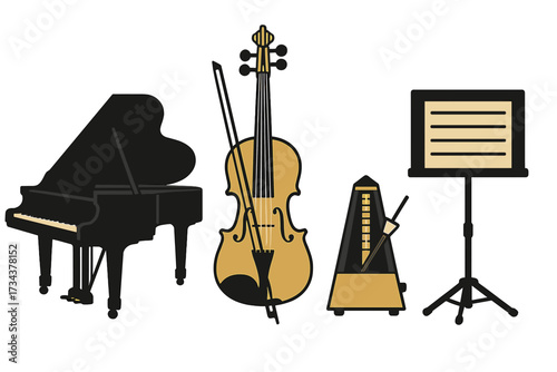 Collection of classical musical instruments and accessories including grand piano, violin, metronome, and music stand