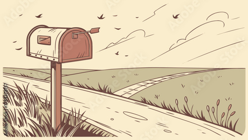 A rustic mailbox stands by a country road, with birds flying overhead, evoking a sense of rural charm and anticipation of receiving mail