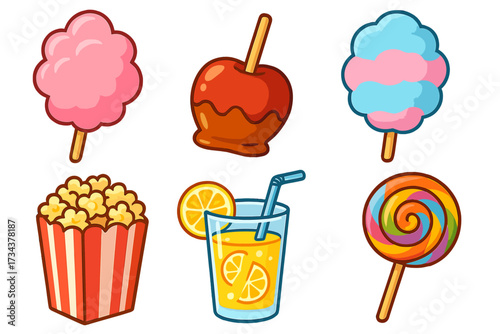 Classic carnival and fairground treats set with cotton candy, caramel apple, popcorn, lollipop, and refreshing orange drink