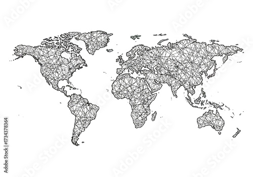 A world map illustration with interconnected lines over continents