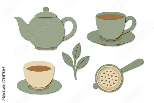 Stylish tea set with teapot, two teacups, saucers, a fresh tea leaf, and a tea strainer in a charming paper cut style