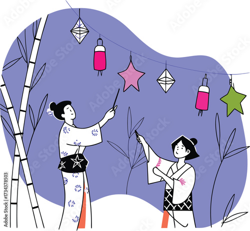 Two women in kimonos decorating with lanterns and bamboo