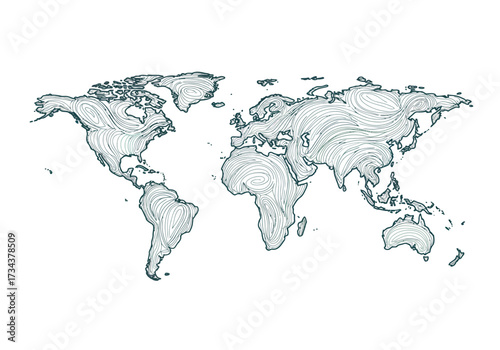 A world map illustration with swirling lines forming the continents