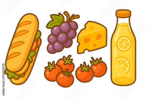 Fresh food items collection with sandwich, grapes, cheese, ripe tomatoes, and refreshing lemonade bottle