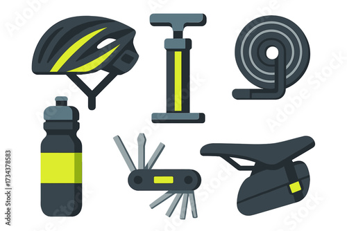 Essential cycling gear set with helmet, water bottle, pump, multi-tool, and bicycle seat for riders