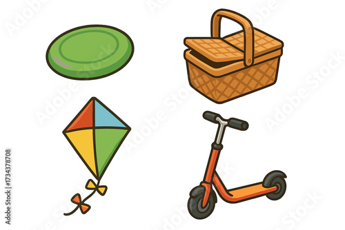Various recreational items for outdoor activities and leisure, including a frisbee, picnic basket, colorful kite, and kick scooter