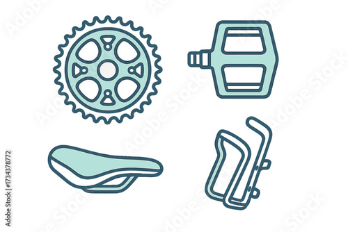 Essential bicycle components and accessories including a pedal, saddle, gear sprocket, and water bottle cage for cycling enthusiasts