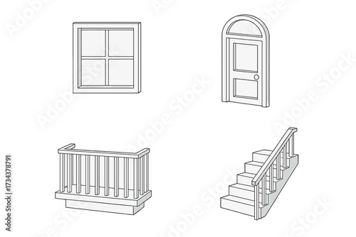 Architectural elements set featuring a classic window, an elegant arched door, a balcony railing, and a wooden staircase