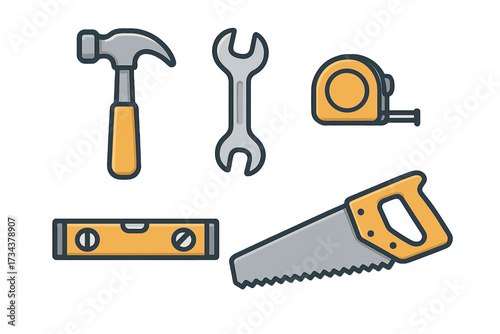 Essential hand tools for home improvement, construction, and repair projects, featuring hammer, wrench, saw, tape measure, and level