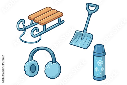 Collection of winter season equipment including a classic sled, snow shovel, cozy earmuffs, and a thermos bottle