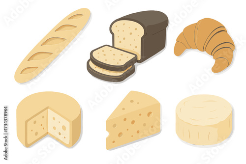 Assortment of fresh baked goods including baguette, sliced bread, croissant, alongside gourmet cheeses presented in a charming paper cut style