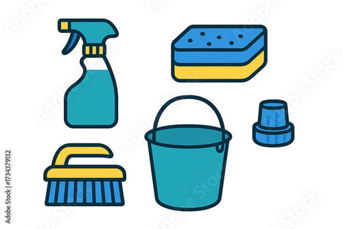 Essential household cleaning tools and equipment including spray bottle, sponge, bucket, brush, and cap for domestic hygiene and sanitation
