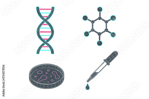 Comprehensive collection of fundamental scientific research elements: DNA, molecular structure, petri dish, and laboratory pipette