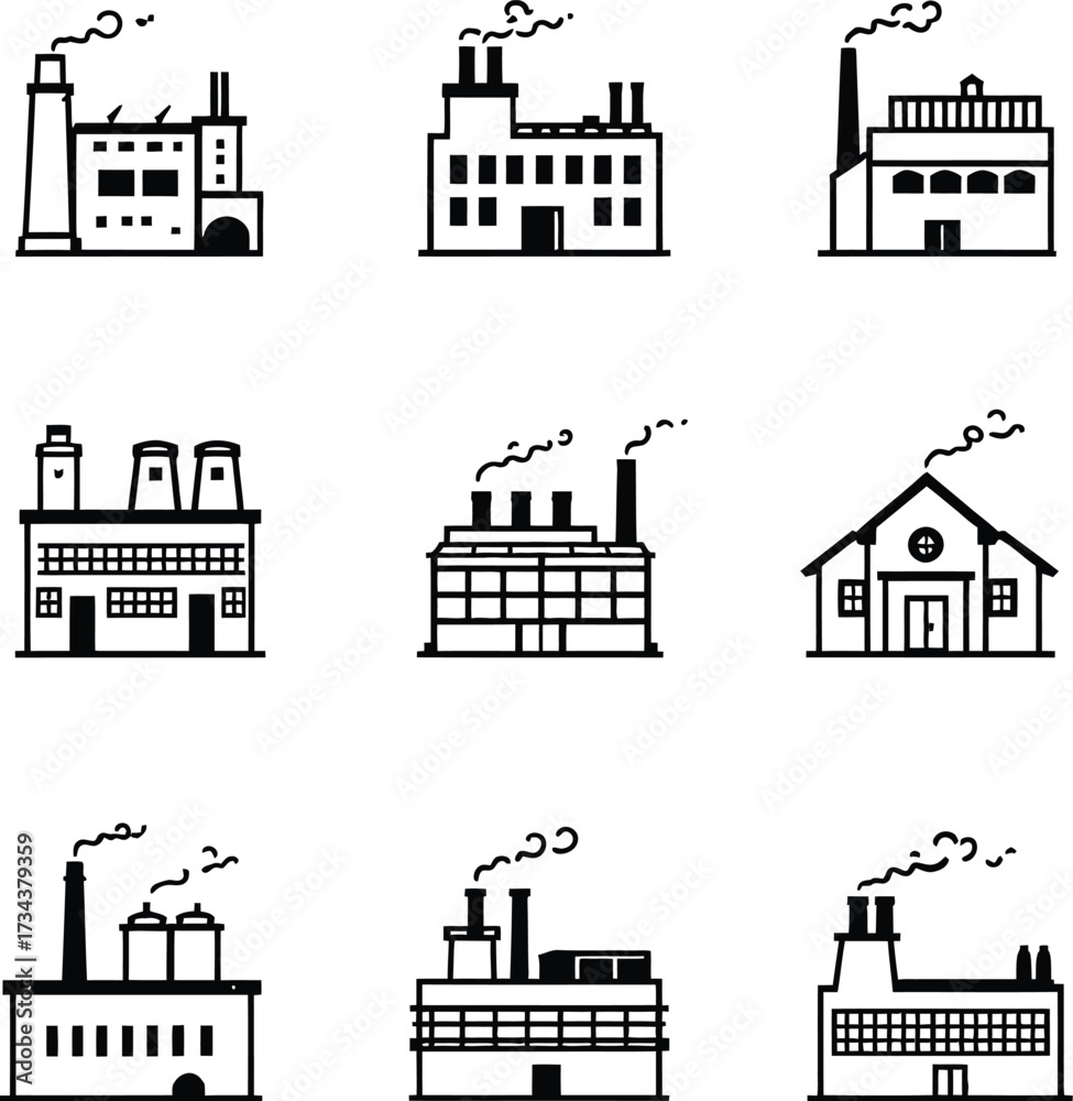 Obraz premium Factory industry building icon vector set outline illustration manufacturing plant industrial architecture