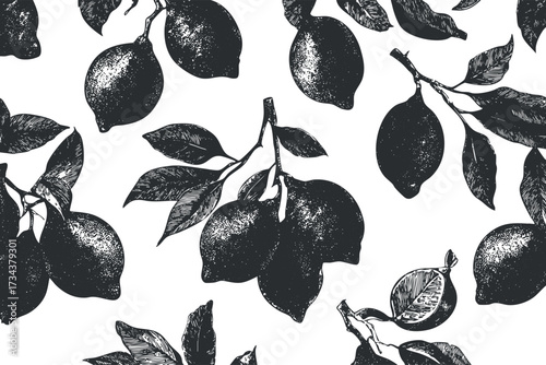 Stylized black and white illustration of lemons and leaves creating a decorative pattern..